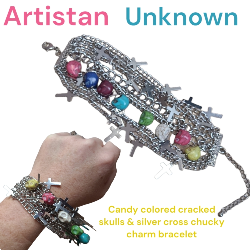 Women's Candy cracked skull & silver cross mult strand Chunky charm bracelet